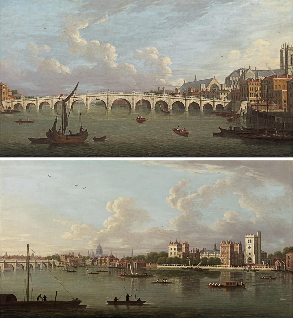 Joseph Nickolls - Westminster Bridge,Westminster Hall and Westminster Abbey; Westminster Bridge and Lambeth Palace, looking south-east