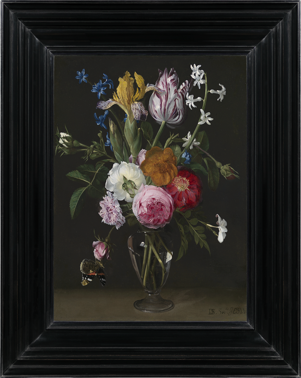 Daniel Seghers - Still life of roses, irises, hyacinths, jasmine and a carnation in a glass vase, with a Red Admiral butterfly (Vanessa atalanta)