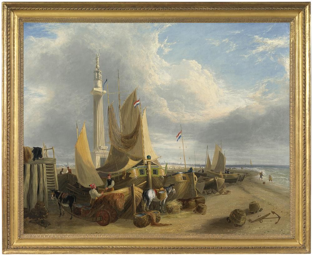 George Vincent - Fisherfolk and Dutch vessels on Yarmouth beach, beneath the Norfolk Nelson Monument.