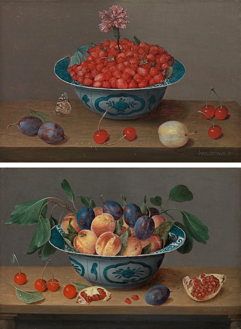 Jacob van Hulsdonck - Still life of strawberries and a carnation; Still life of apricots and plums