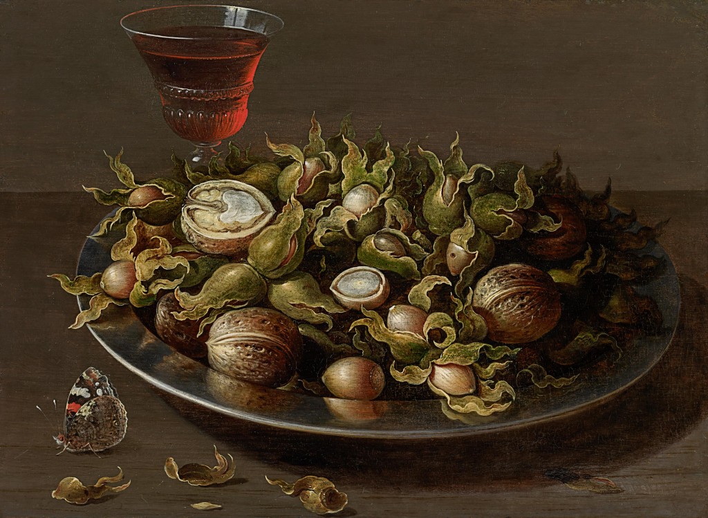 Osias Beert The Elder - Still life of a pewter plate of hazelnuts and walnuts, a facon-de-Venise glass of red wine and a Red Admiral butterfly (Vanessa atalanta) on a table top