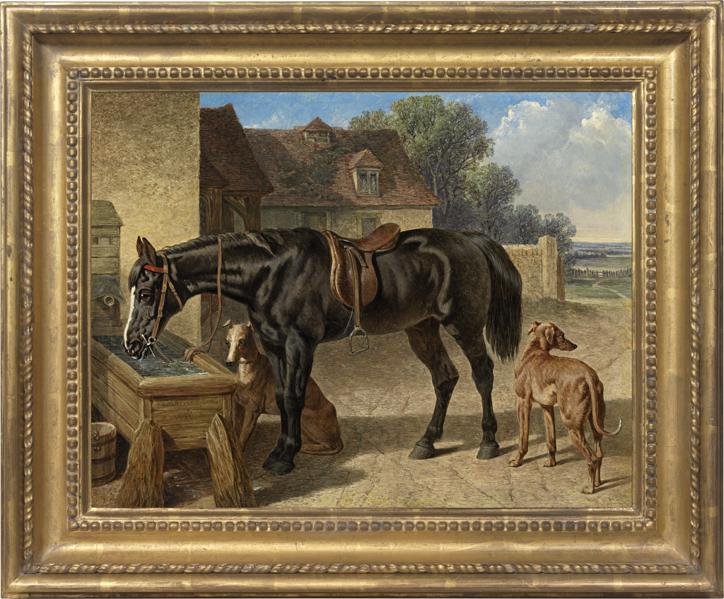 John Frederick Herring Snr - A farmer's hack drinking from a trough, with two greyhounds