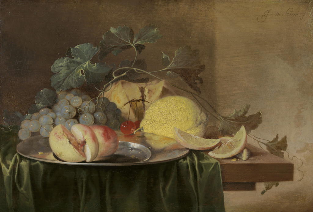 Jan Davidsz. de Heem - Still life on a wooden table partly covered with a dark green cloth with a peach, grapes, cherries and lemon