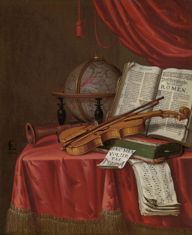 Edwaert Collier - Still life with a celestial globe, a violin and books on a table covered with a red silk cloth