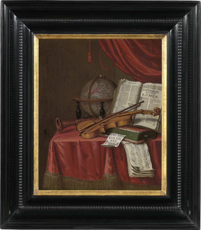 Edwaert Collier - Still life with a celestial globe, a violin and books on a table covered with a red silk cloth