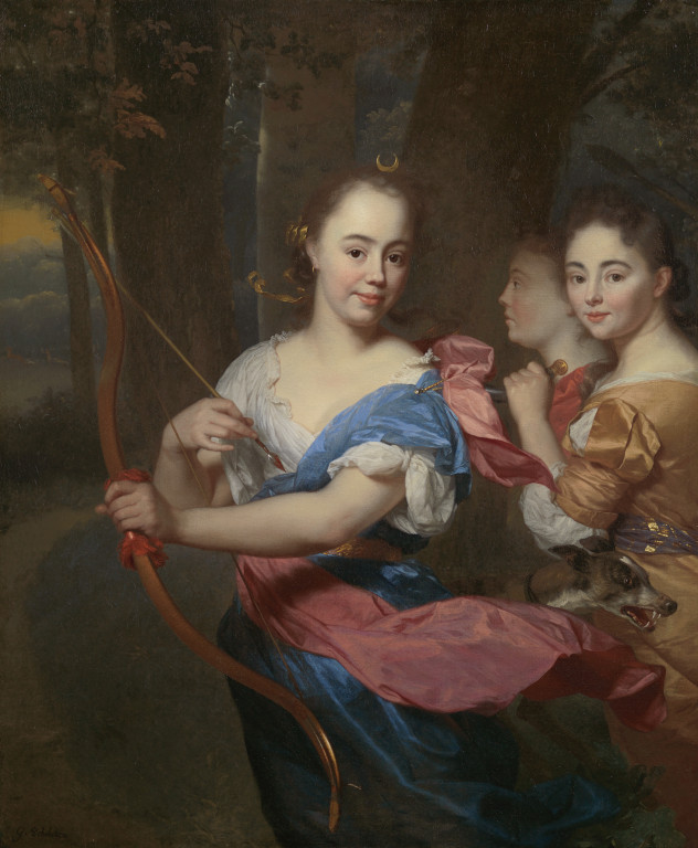 Godfried Schalcken - Portrait of a young lady as the goddess Diana attended by her nymphs, in a forest with a hunting dog