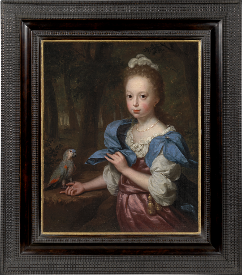 Godfried Schalcken - Portrait of a girl in a pink dress, with a parrot in a forest landscape