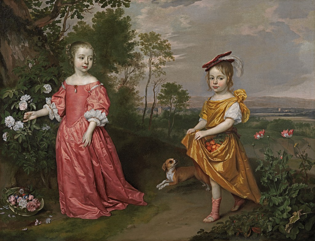 Jan Mijtens - Portrait of two children in a landscape, with their dog by their side