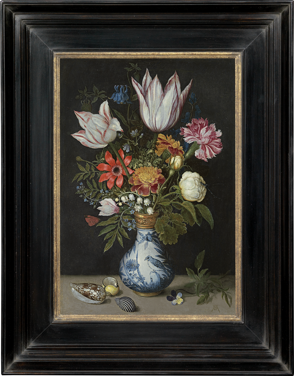 Ambrosius Bosschaert the Elder - A still life of tulips, roses, lily-of-the-valley, forget-me-nots, cyclamen and other flowers in a gilt-mounted Wanli vase, with shells and a pansy on a ledge