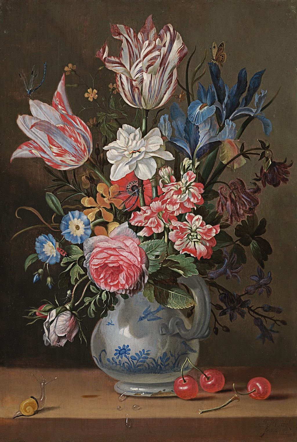 Jacob Marrel - Still life of tulips, roses, irises, a narcissus, stocks and other flowers in a blue and white vase, with cherries and a snail on a ledge