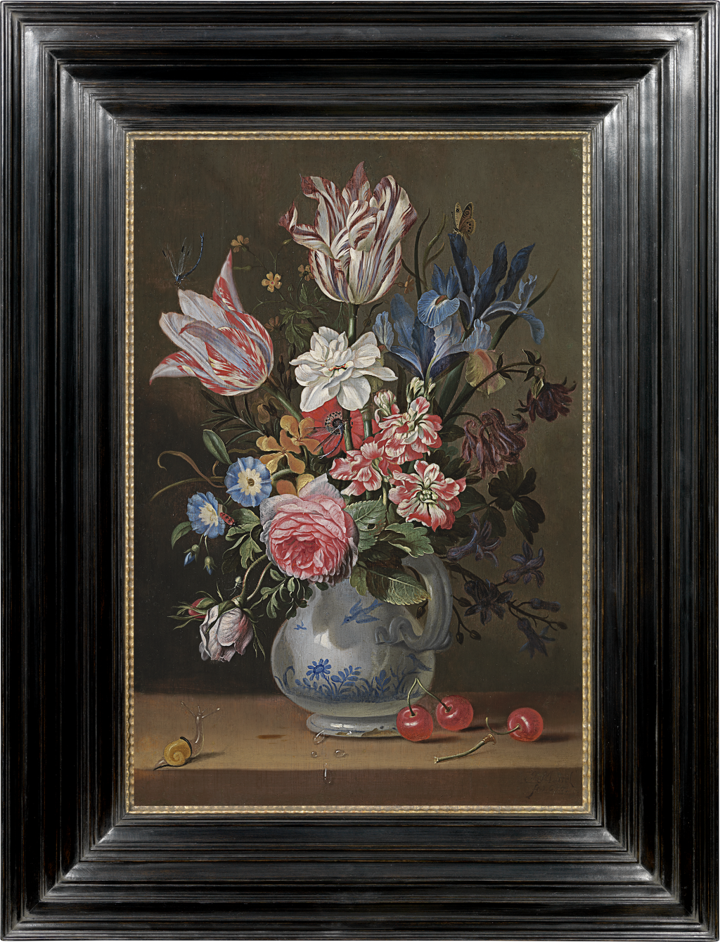 Jacob Marrel - Still life of tulips, roses, irises, a narcissus, stocks and other flowers in a blue and white vase, with cherries and a snail on a ledge