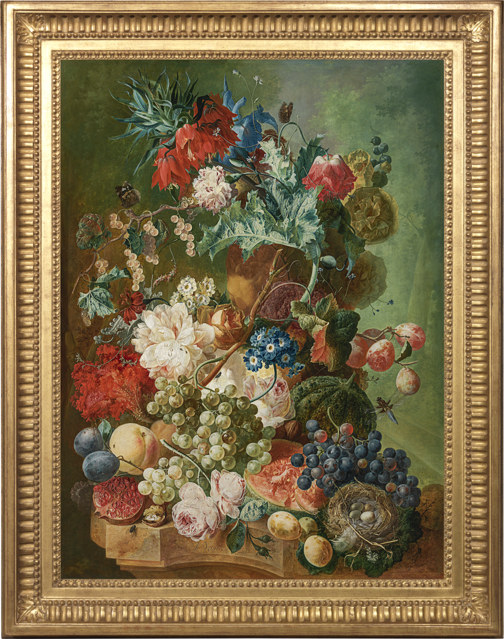 Jan van Os - Still life of roses, auriculas, an iris, Fritillaria imperialis, a poppy and other flowers in a terracotta vase