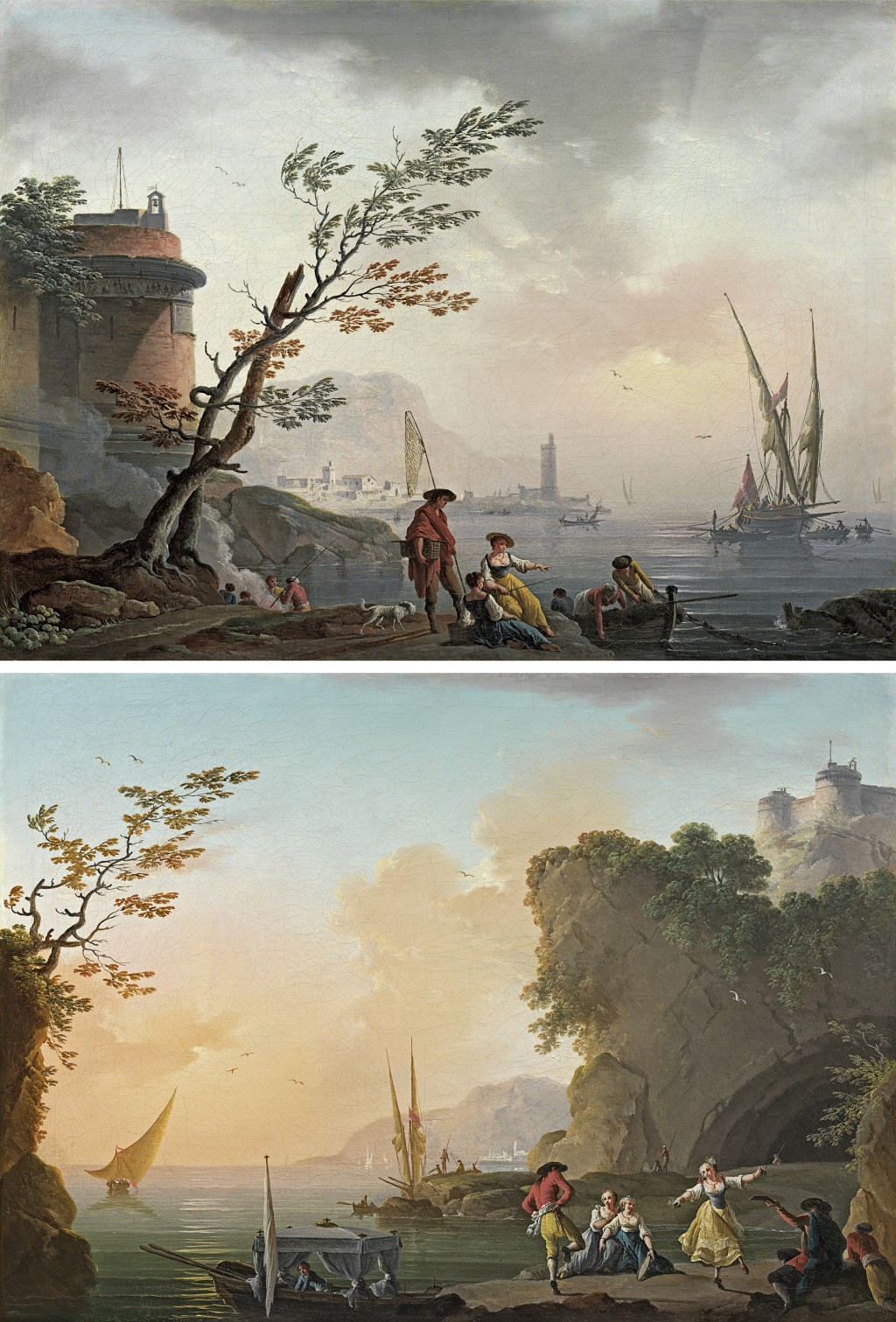 Charles Francois Lacroix - Morning: fishermen on a rocky coast near a fortified port; Evening: a peasant couple dancing on a rocky coast near a cave below a fortress