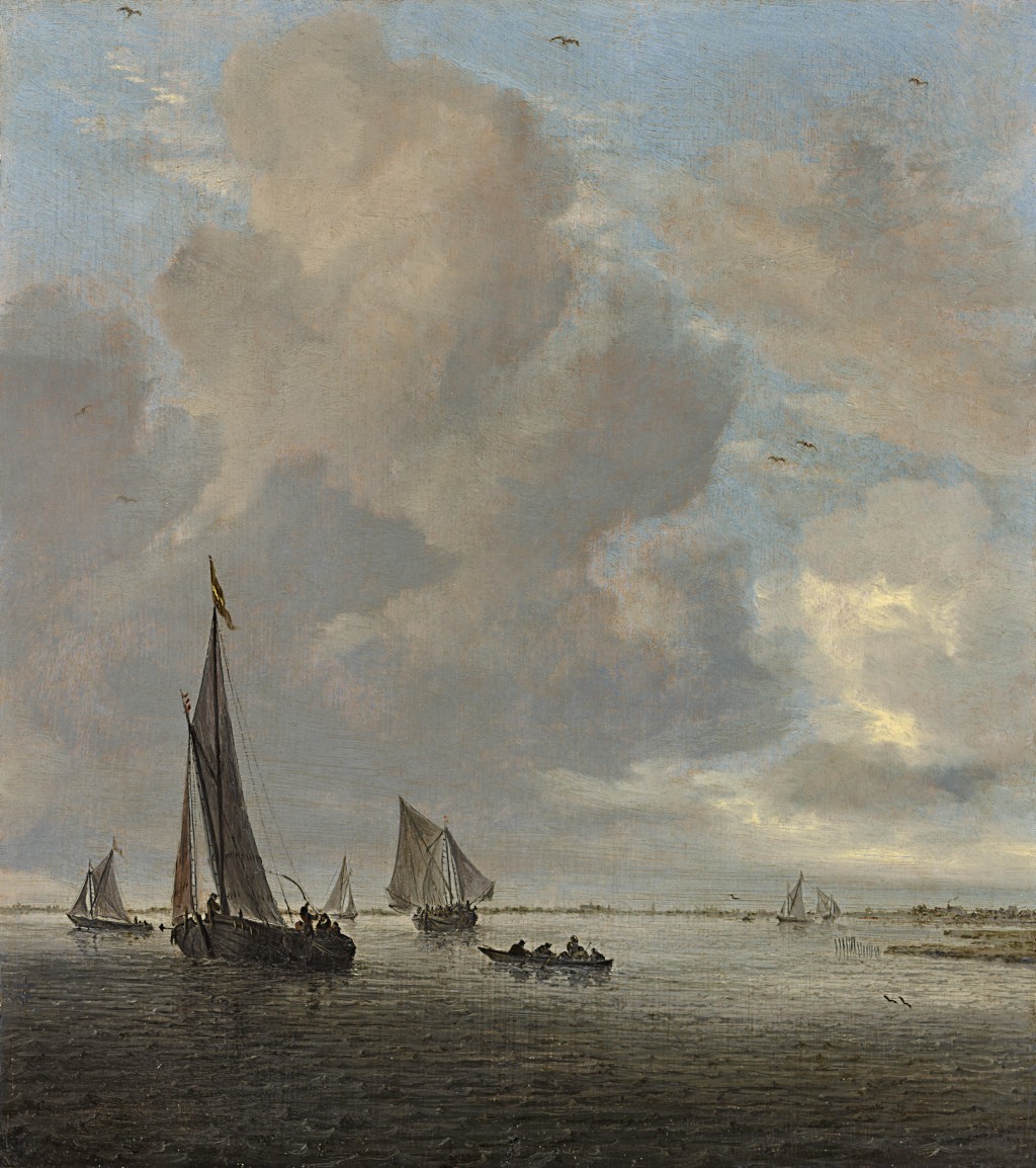 Salomon van Ruysdael - River estuary with wijdschips, a rowing boat and other small vessels