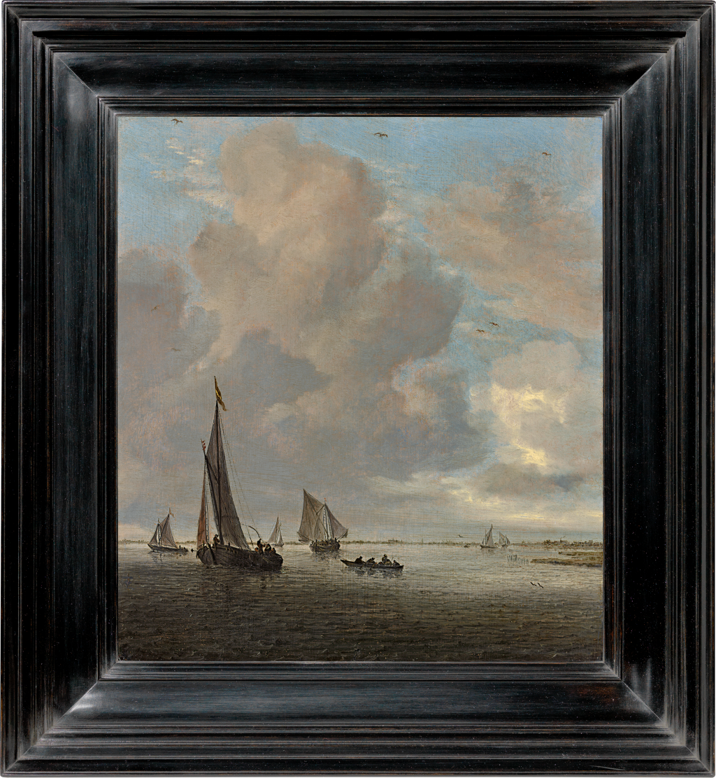 Salomon van Ruysdael - River estuary with wijdschips, a rowing boat and other small vessels