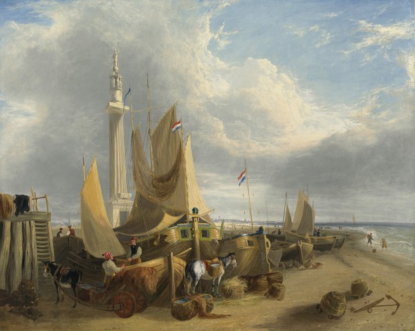 Fisherfolk and Dutch vessels on Yarmouth beach, beneath the Norfolk Nelson Monument.