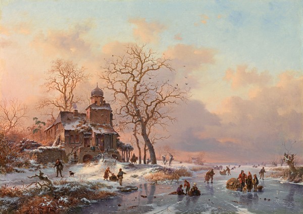 Winter scene with skaters on a frozen river