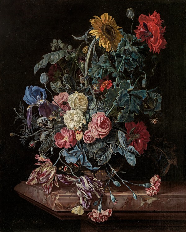 Still life of flowers in an ornamental glass vase on a stone ledge with butterflies, a snail and a spider