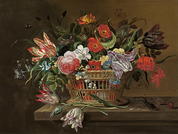 A still life of tulips, roses, lily-of-the-valley, anemones, martagon lilies and other flowers in a basket