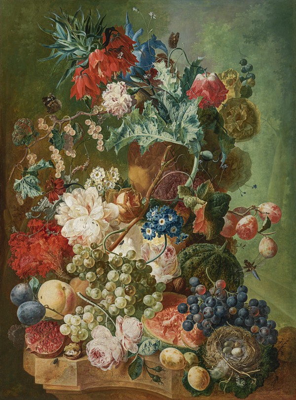 Still life of roses, auriculas, an iris, Fritillaria imperialis, a poppy and other flowers in a terracotta vase