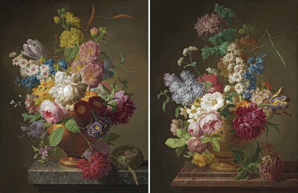 Still life with a rose, peonies and other flowers in a hardstone vase on a marble ledge, with a bird'snest; Still life with flowers in a hardstone vase on a marble ledge, with a sprig of hydrangea