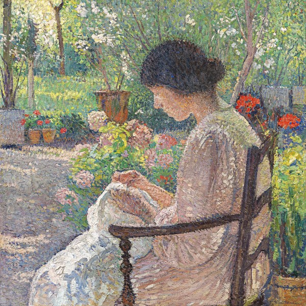 Lisette cousant dans le jardin de Marquayrol