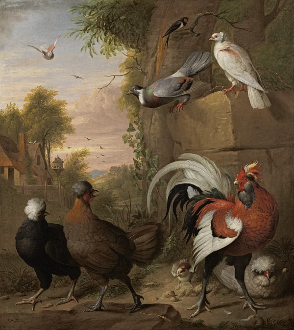 A cockerel, Polish hens, pigeons and a swallow in a landscape with a dovecote