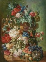 Jan van Os - Still life of roses, auriculas, an iris, Fritillaria imperialis, a poppy and other flowers in a terracotta vase