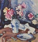 Samuel John Peploe - Pink and yellow roses in a blue and white vase; Still life with fruit and flowers (verso)