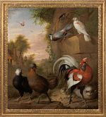 Jacob Bogdani - A cockerel, Polish hens, pigeons and a swallow in a landscape with a dovecote