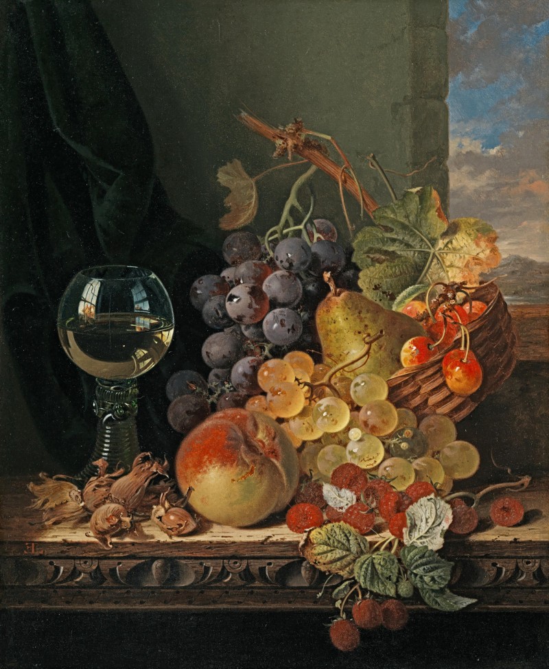 Edward Ladell - Still life with a basket of fruit, a wine glass and a ...