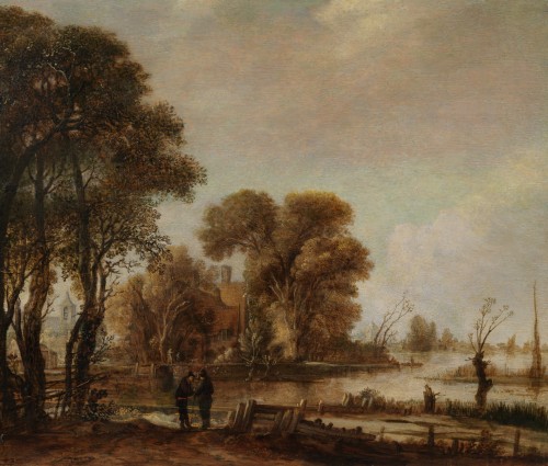 Aert van der Neer - A river landscape with figures and a cottage among ...