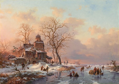 Fredrik Marinus Kruseman - Winter scene with skaters on a frozen river