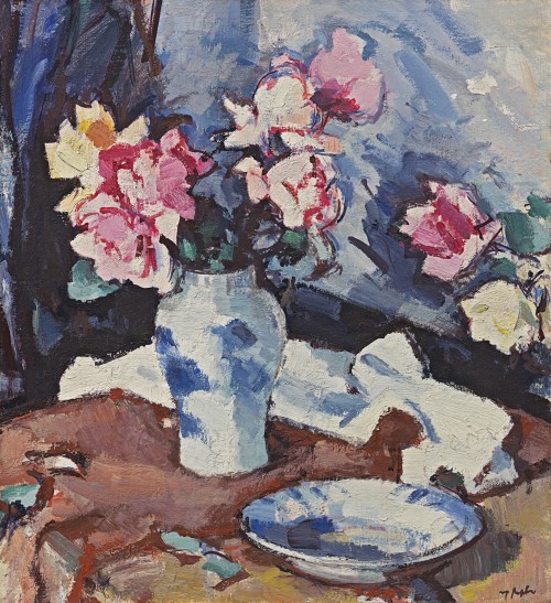 Samuel John Peploe - Pink and yellow roses in a blue and white vase; Still life with fruit and flowers (verso)